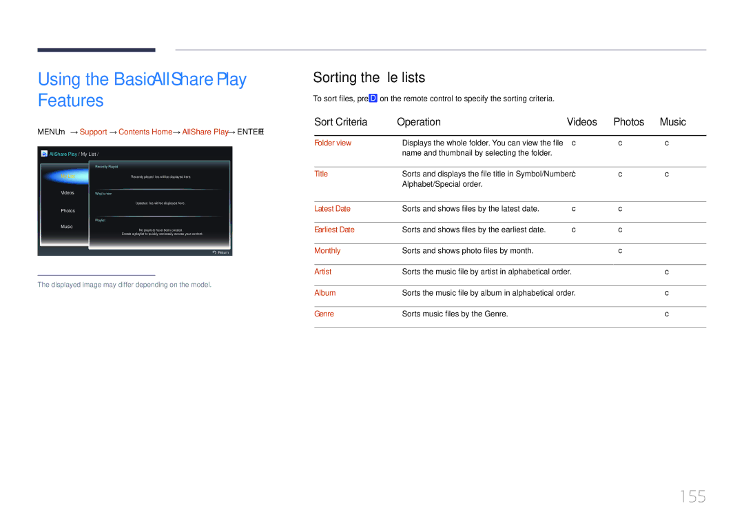 Samsung ME40C, CYTM46LCA user manual Using the Basic AllShare Play Features, 155, Sorting the file lists 