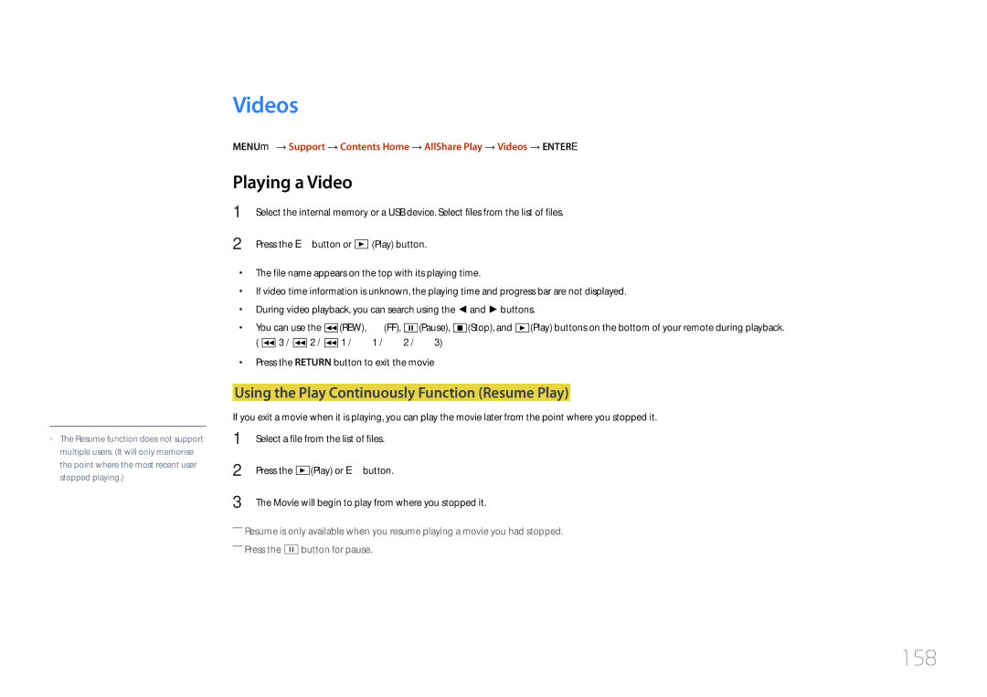 Samsung CYTM46LCA, ME40C user manual Videos, 158, Playing a Video, Using the Play Continuously Function Resume Play 