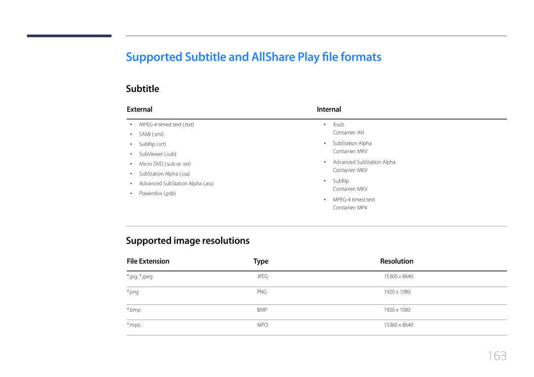 Samsung ME40C, CYTM46LCA user manual Supported Subtitle and AllShare Play file formats, 163, Supported image resolutions 