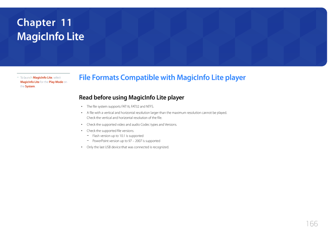 Samsung CYTM46LCA, ME40C user manual 166, Read before using MagicInfo Lite player 