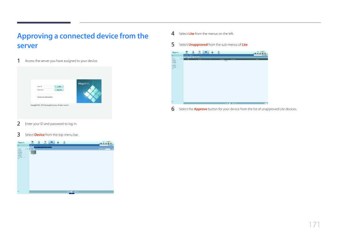 Samsung ME40C Approving a connected device from the server, 171, Access the server you have assigned to your device 