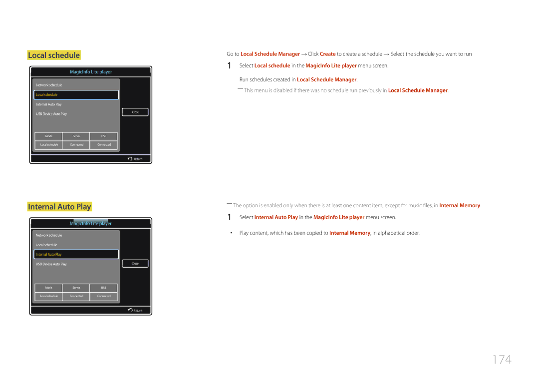 Samsung CYTM46LCA, ME40C user manual 174, Local schedule, Internal Auto Play 