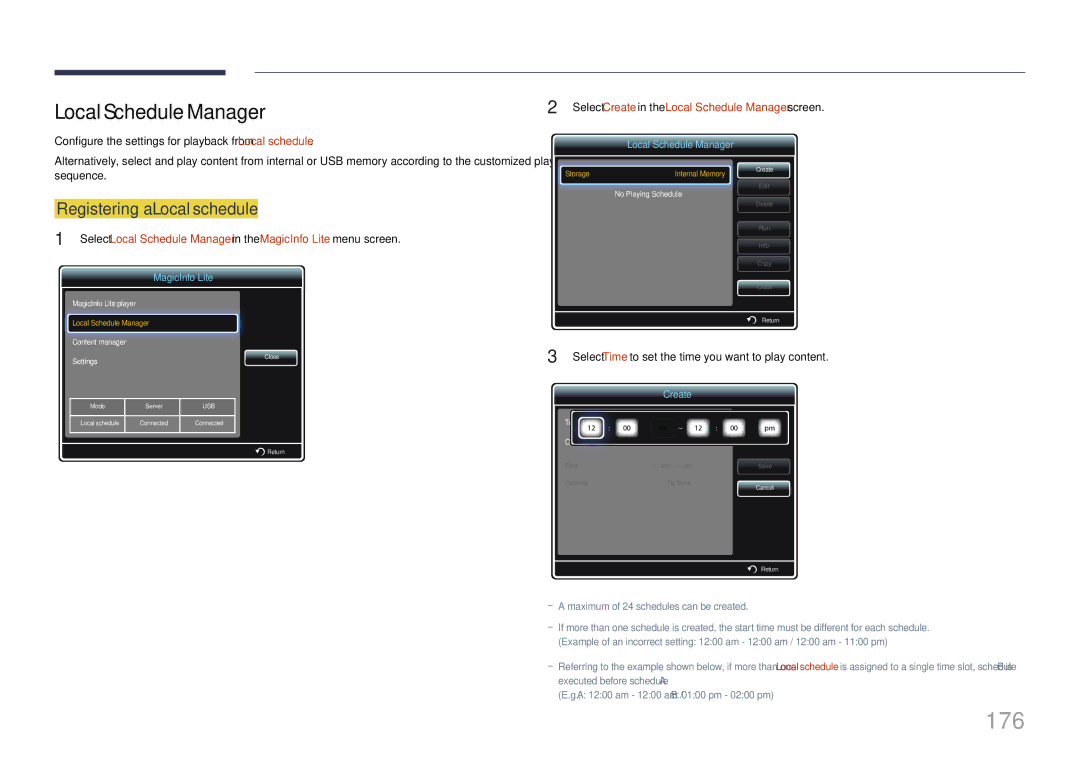 Samsung CYTM46LCA, ME40C user manual 176, Local Schedule Manager, Registering a Local schedule 