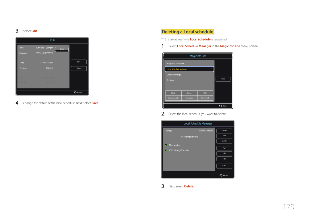 Samsung ME40C, CYTM46LCA user manual 179, Deleting a Local schedule, Select Edit, Next, select Delete 