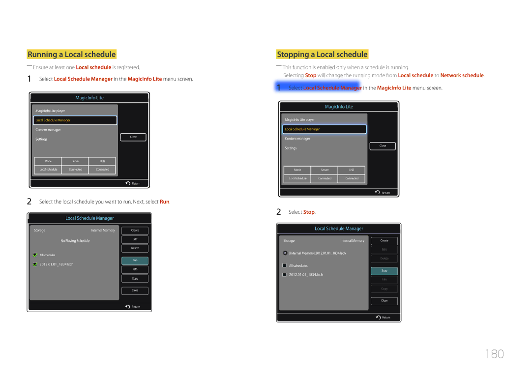 Samsung CYTM46LCA, ME40C user manual 180, Running a Local schedule, Stopping a Local schedule, Select Stop 