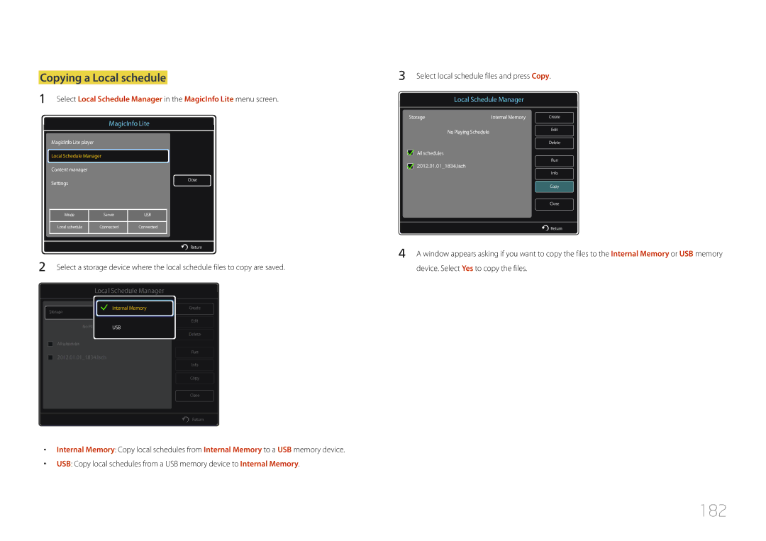 Samsung CYTM46LCA, ME40C user manual 182, Copying a Local schedule, Device. Select Yes to copy the files 