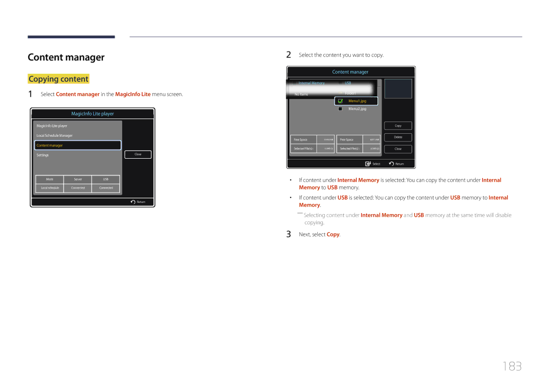 Samsung ME40C 183, Copying content, Select Content manager in the MagicInfo Lite menu screen, Next, select Copy 