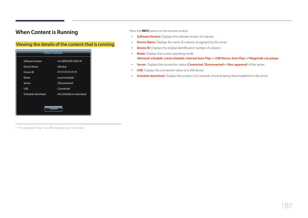 Samsung ME40C, CYTM46LCA user manual 187, When Content is Running, Viewing the details of the content that is running 