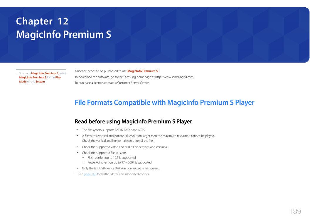 Samsung ME40C, CYTM46LCA user manual File Formats Compatible with MagicInfo Premium S Player, 189 