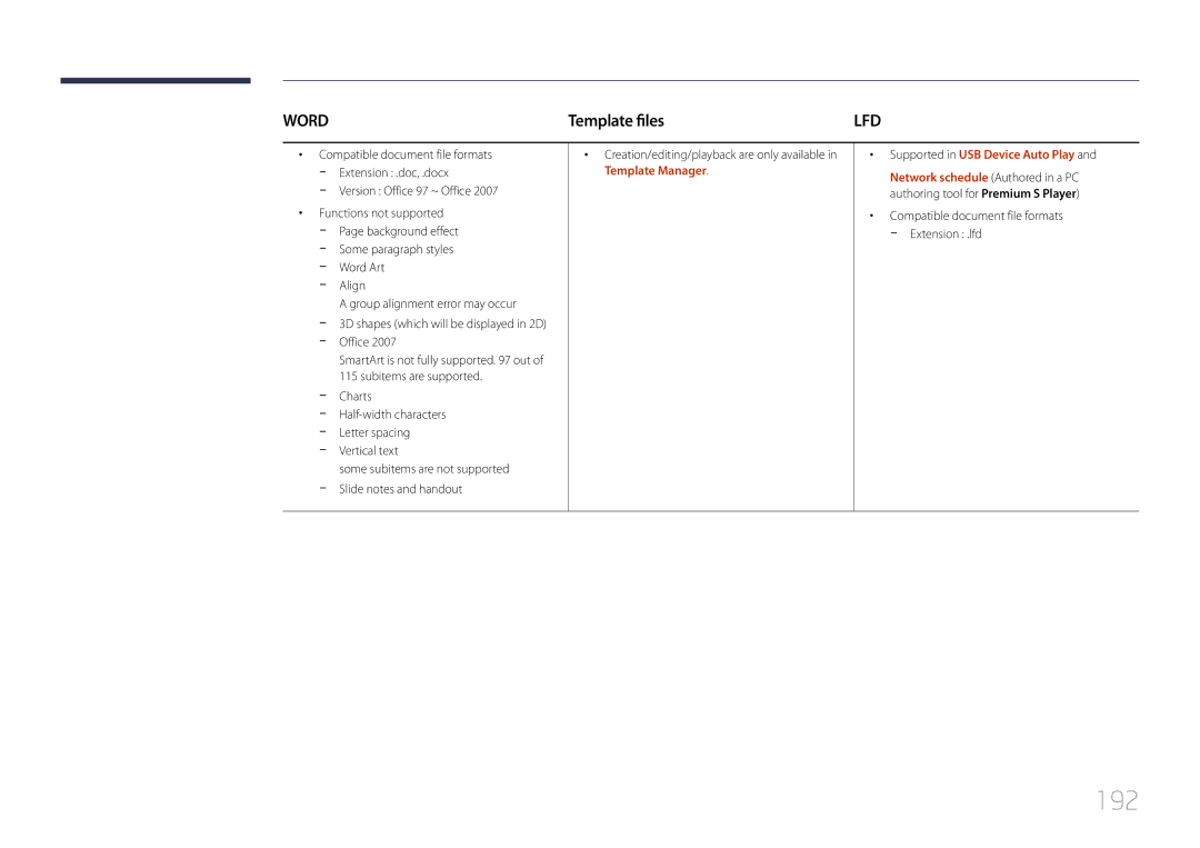 Samsung CYTM46LCA, ME40C user manual 192, Template files, Creation/editing/playback are only available 