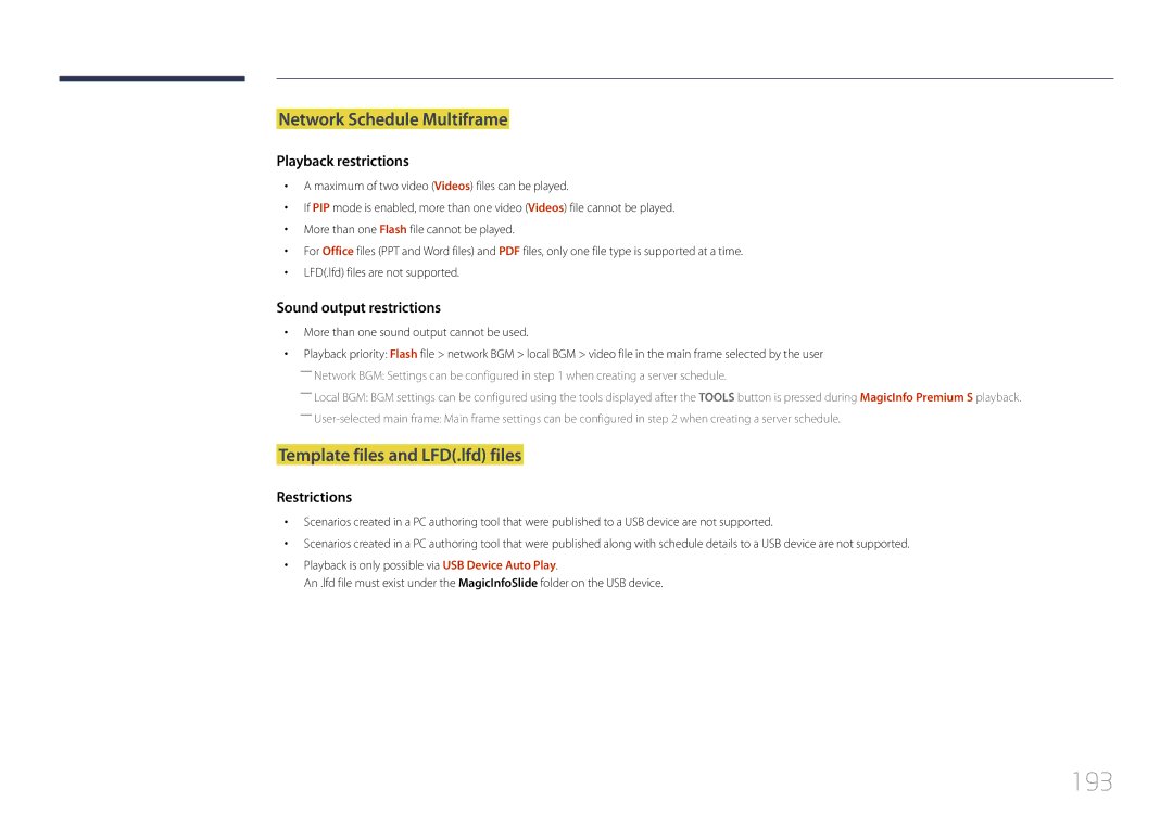 Samsung ME40C, CYTM46LCA user manual 193, Network Schedule Multiframe, Template files and LFD.lfd files 