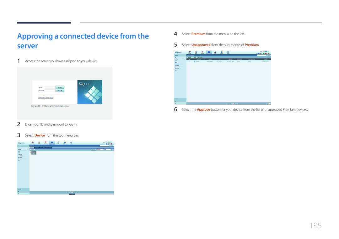 Samsung ME40C, CYTM46LCA user manual Approving a connected device from the server, 195 