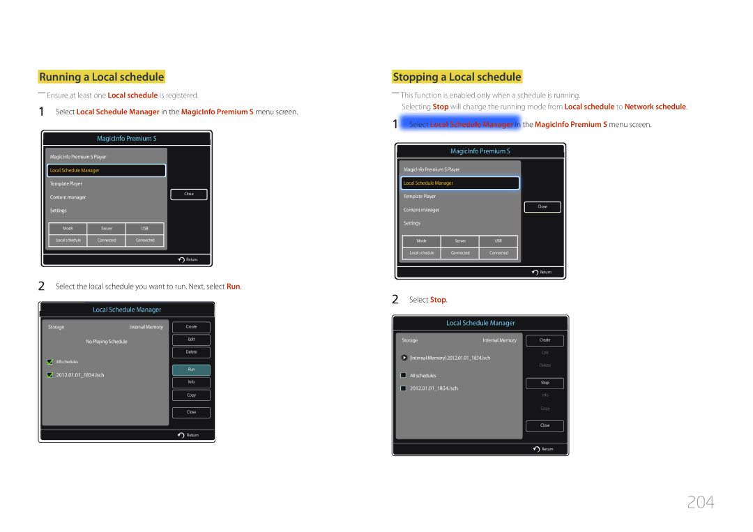 Samsung CYTM46LCA, ME40C user manual 204, Running a Local schedule 