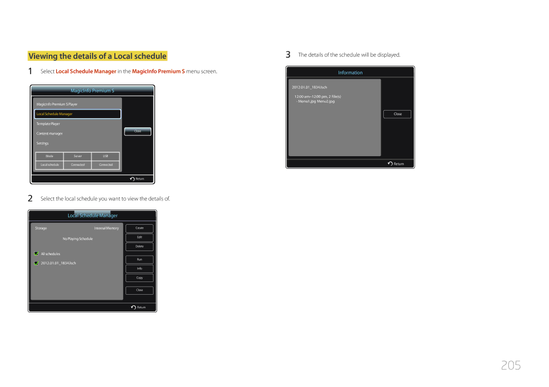 Samsung ME40C, CYTM46LCA user manual 205, Viewing the details of a Local schedule 