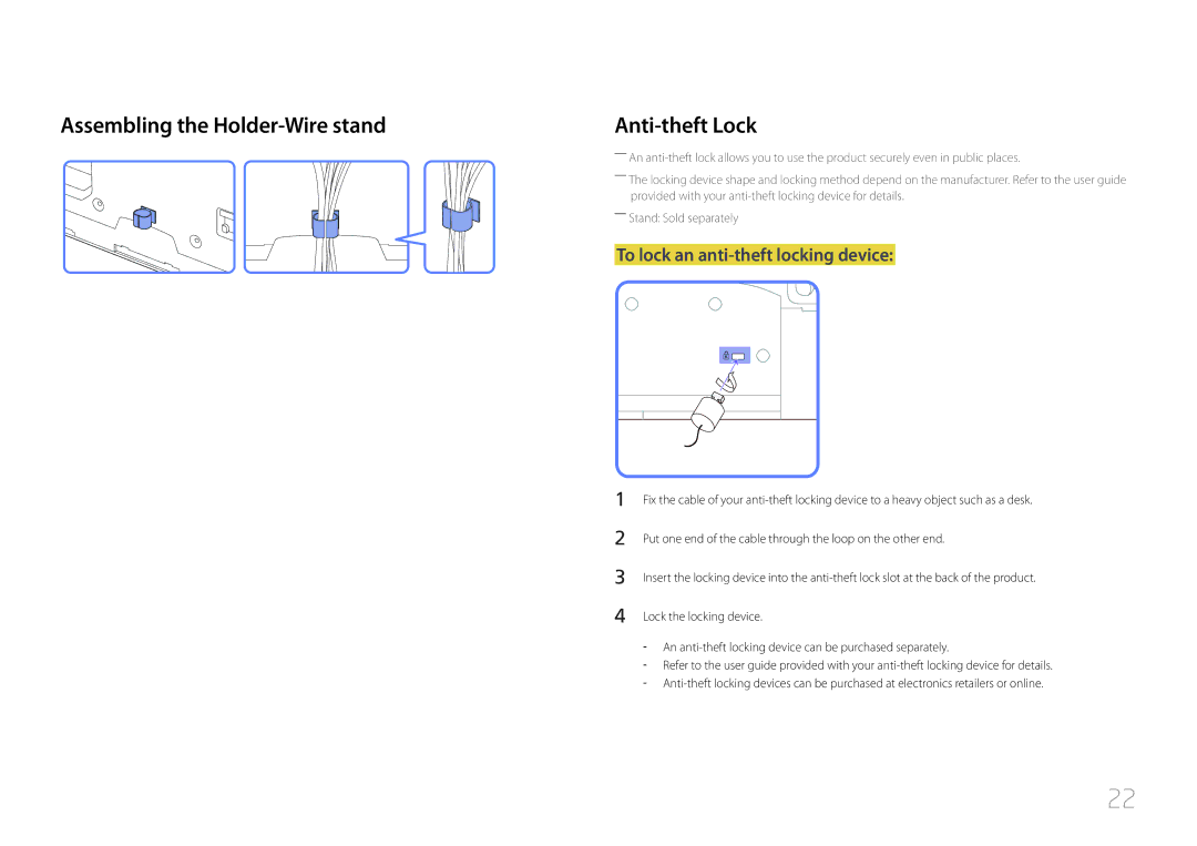 Samsung CYTM46LCA, ME40C user manual Assembling the Holder-Wire stand, To lock an anti-theft locking device 