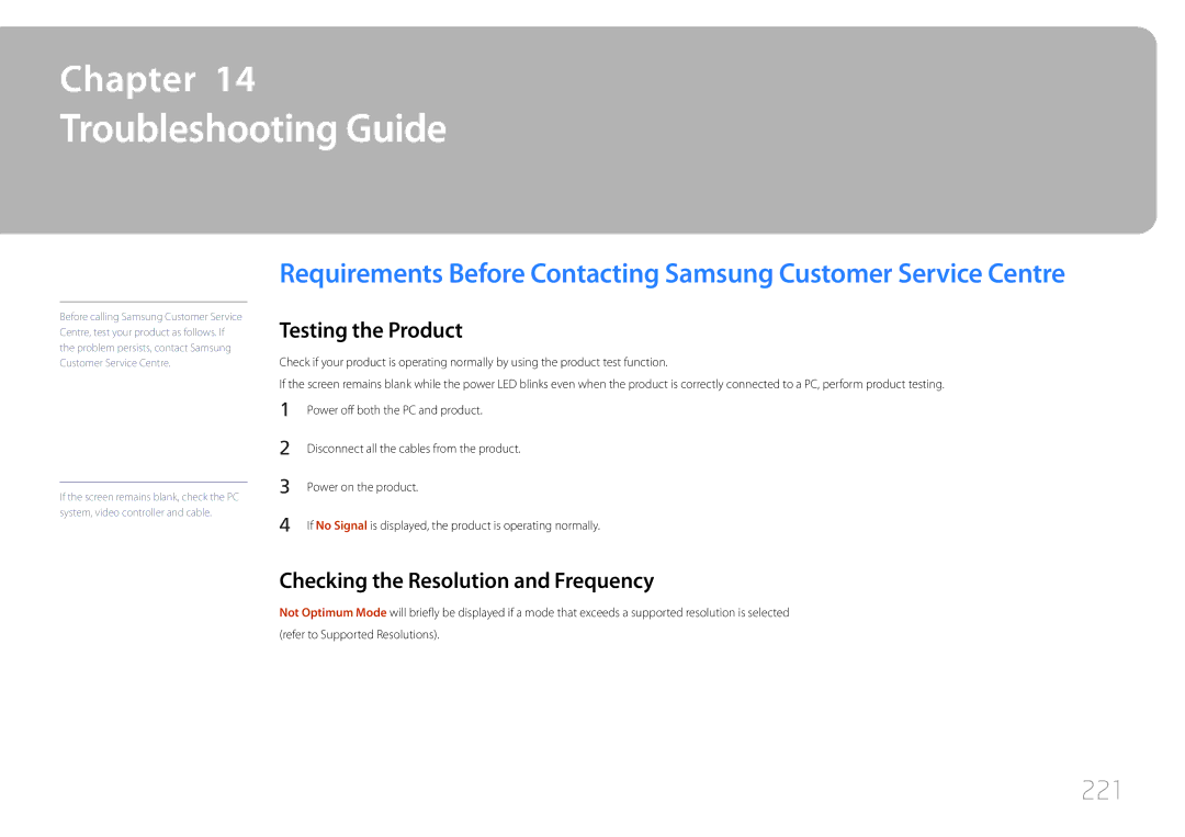 Samsung ME40C, CYTM46LCA user manual Troubleshooting Guide, 221, Testing the Product, Checking the Resolution and Frequency 