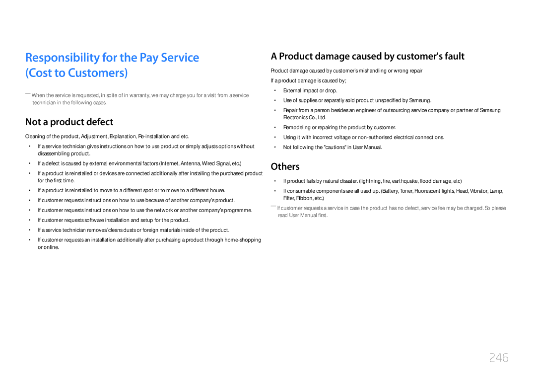 Samsung CYTM46LCA, ME40C user manual 246, Not a product defect, Product damage caused by customers fault, Others 