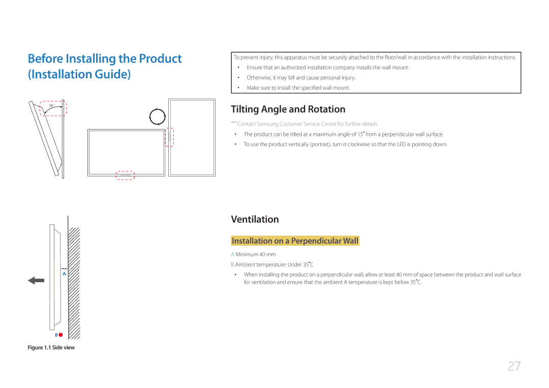 Samsung ME40C, CYTM46LCA user manual Tilting Angle and Rotation, Ventilation, Installation on a Perpendicular Wall 