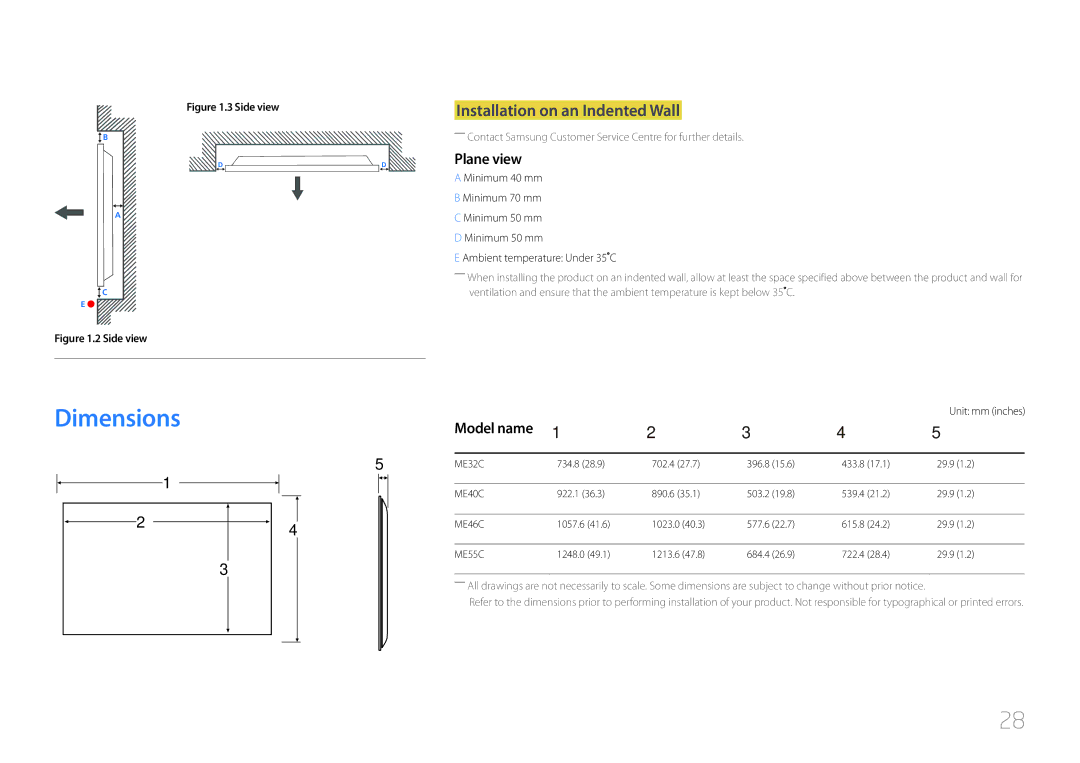 Samsung CYTM46LCA, ME40C user manual Dimensions, Installation on an Indented Wall, Plane view, Model name, Unit mm inches 