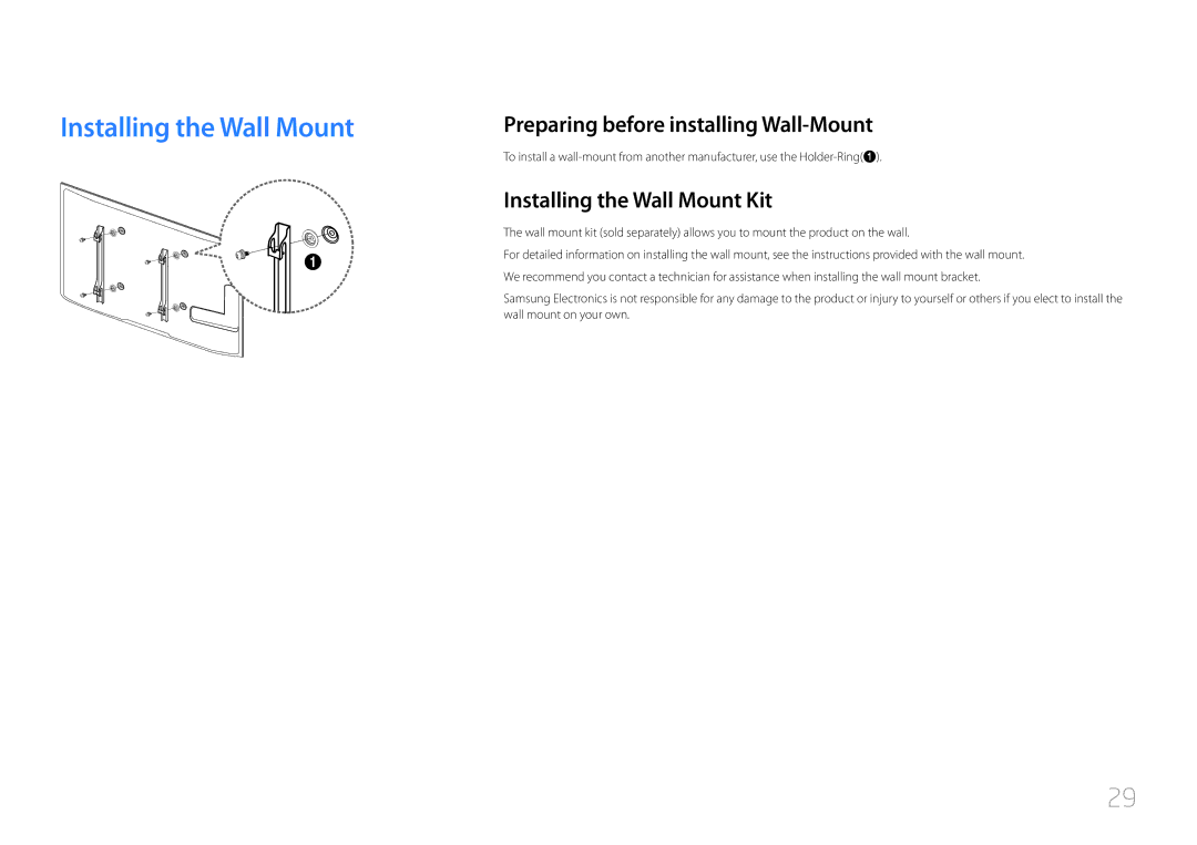 Samsung ME40C, CYTM46LCA user manual Preparing before installing Wall-Mount, Installing the Wall Mount Kit 