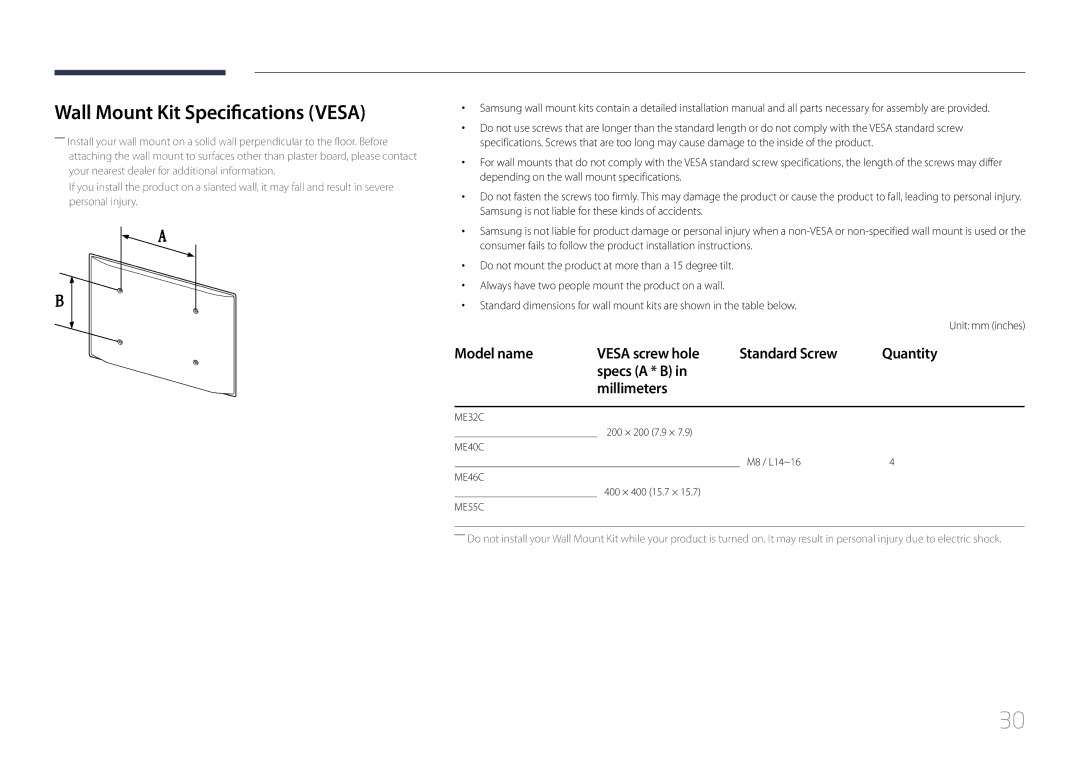 Samsung CYTM46LCA, ME40C user manual Wall Mount Kit Specifications Vesa 