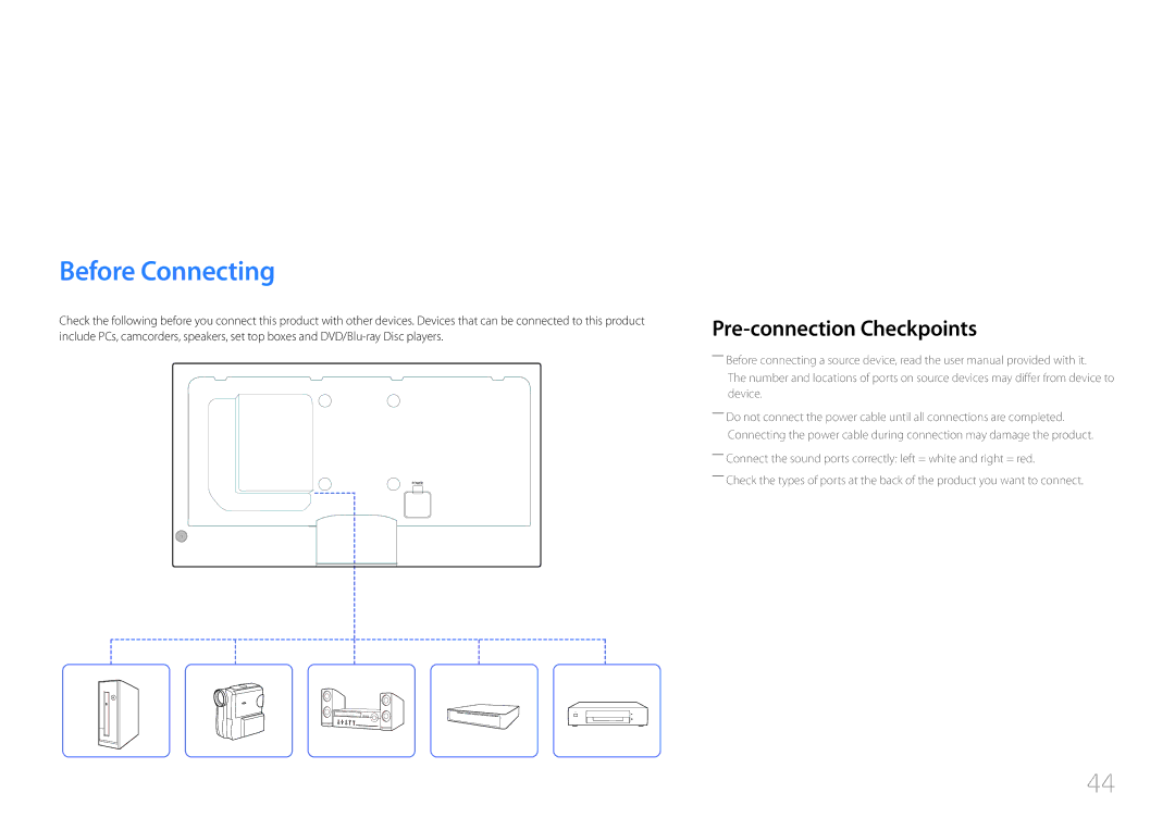 Samsung CYTM46LCA, ME40C user manual Connecting and Using a Source Device, Before Connecting, Pre-connection Checkpoints 