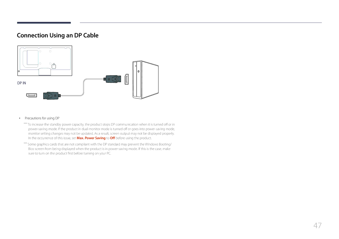 Samsung ME40C, CYTM46LCA user manual Connection Using an DP Cable, Precautions for using DP 