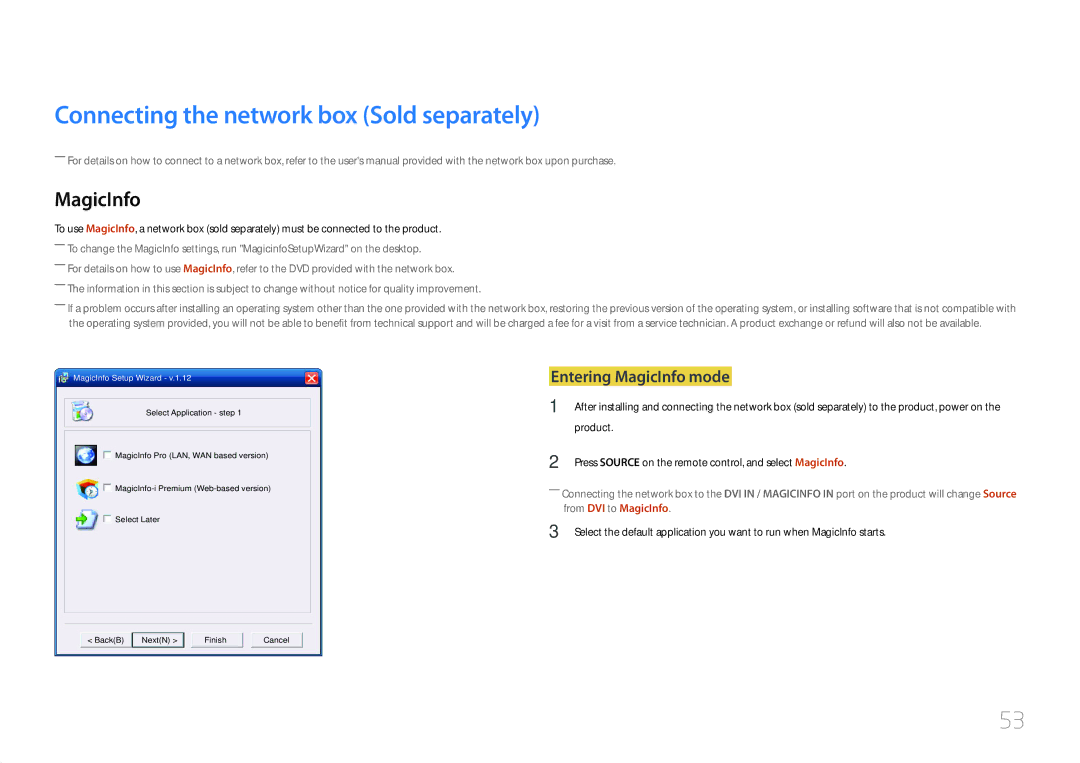 Samsung ME40C, CYTM46LCA user manual Connecting the network box Sold separately, Entering MagicInfo mode, Product 