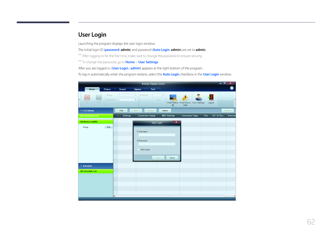 Samsung CYTM46LCA, ME40C user manual User Login, Launching the program displays the user login window 