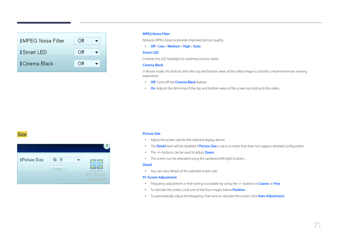 Samsung ME40C, CYTM46LCA user manual Size, Reduces Mpeg noise to provide improved picture quality 