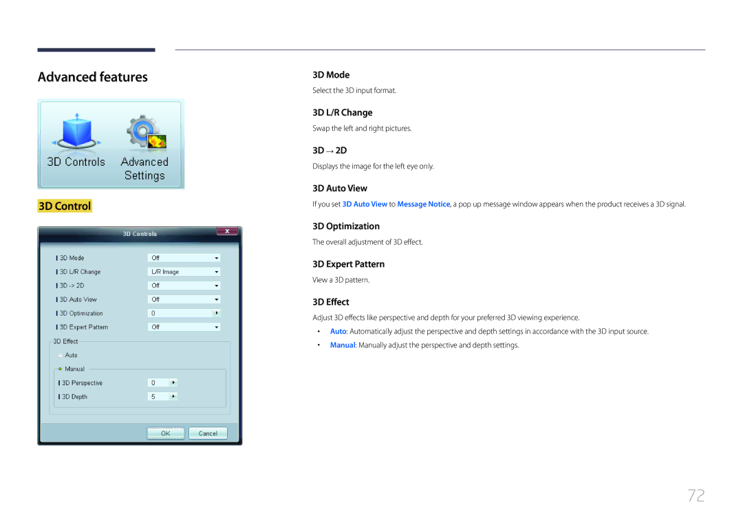 Samsung CYTM46LCA, ME40C user manual Advanced features, 3D Control 