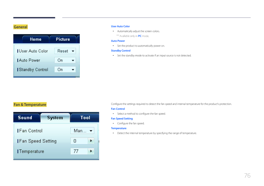 Samsung CYTM46LCA, ME40C General Fan & Temperature, Set the product to automatically power on, Configure the fan speed 