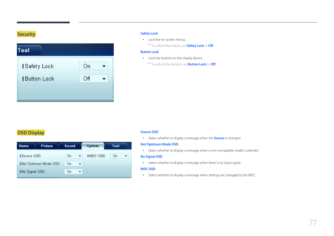 Samsung ME40C, CYTM46LCA user manual Security OSD Display, Lock the on-screen menus, Lock the buttons on the display device 