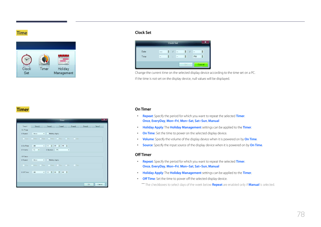 Samsung CYTM46LCA, ME40C user manual On Time Set the time to power on the selected display device 