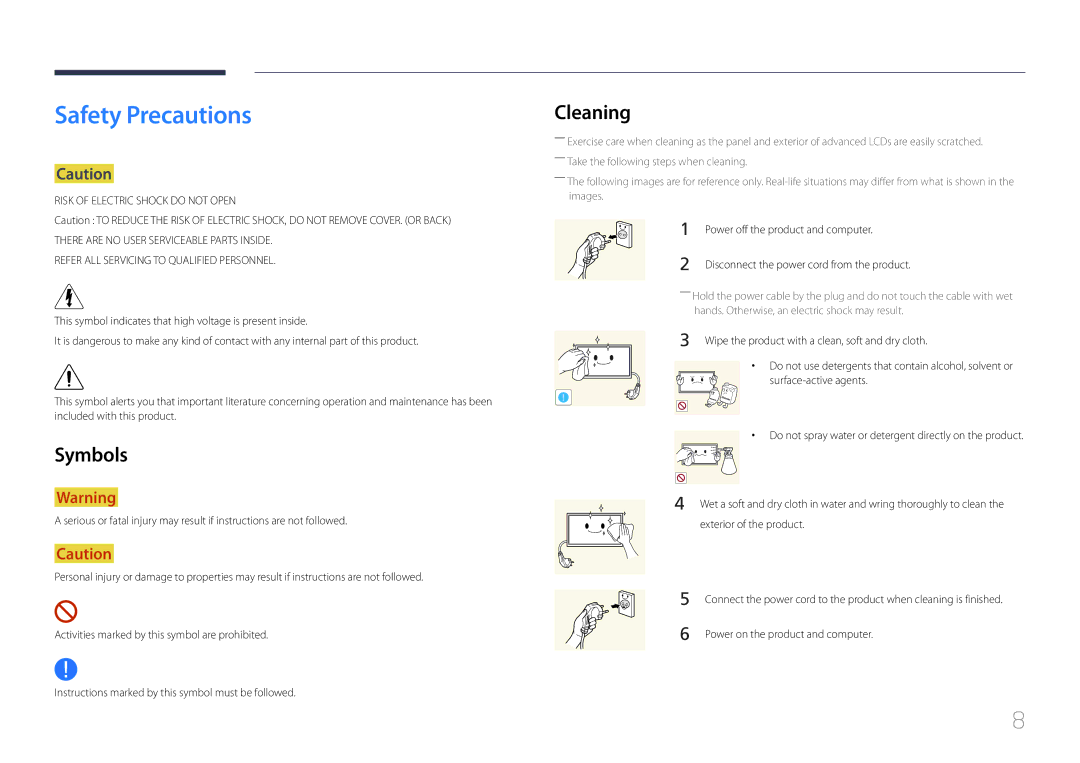 Samsung CYTM46LCA, ME40C user manual Safety Precautions, Cleaning, Symbols, Power off the product and computer 