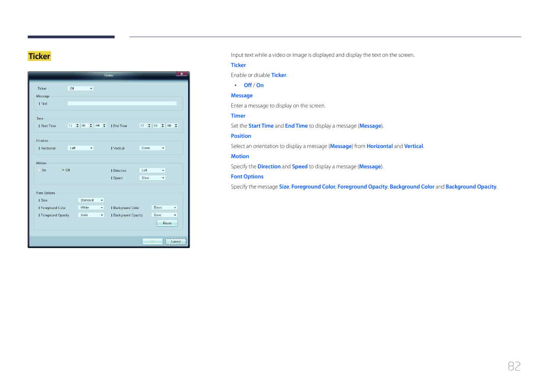 Samsung CYTM46LCA, ME40C user manual Enable or disable Ticker, Enter a message to display on the screen 