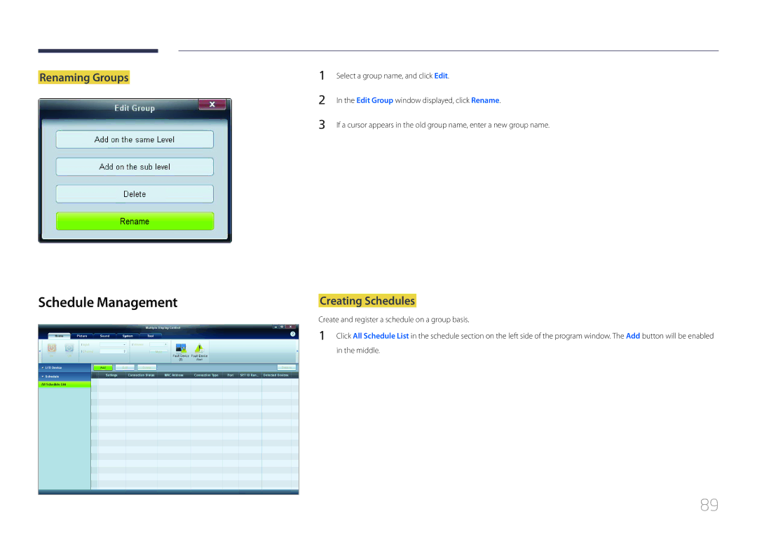 Samsung ME40C Schedule Management, Renaming Groups, Creating Schedules, Edit Group window displayed, click Rename 