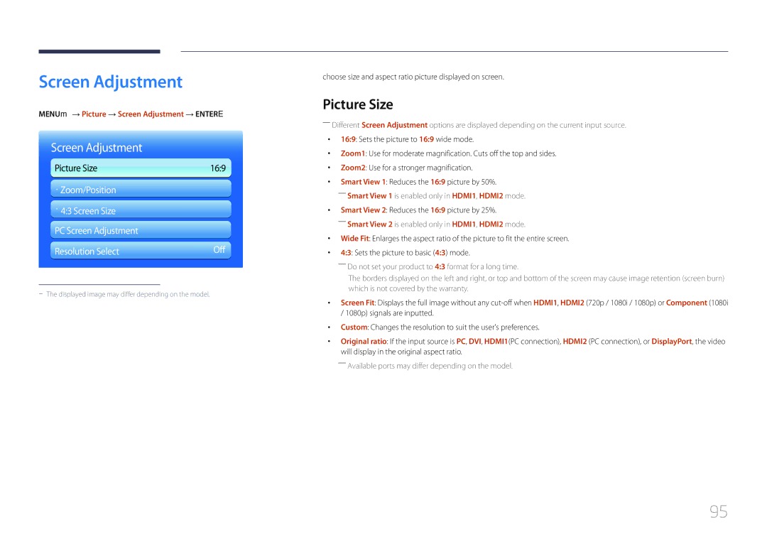 Samsung ME40C, CYTM46LCA user manual Picture Size, MENUm → Picture → Screen Adjustment → Entere 