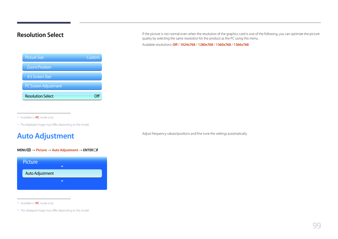 Samsung ME40C, CYTM46LCA user manual Resolution Select, MENUm → Picture → Auto Adjustment → Entere 