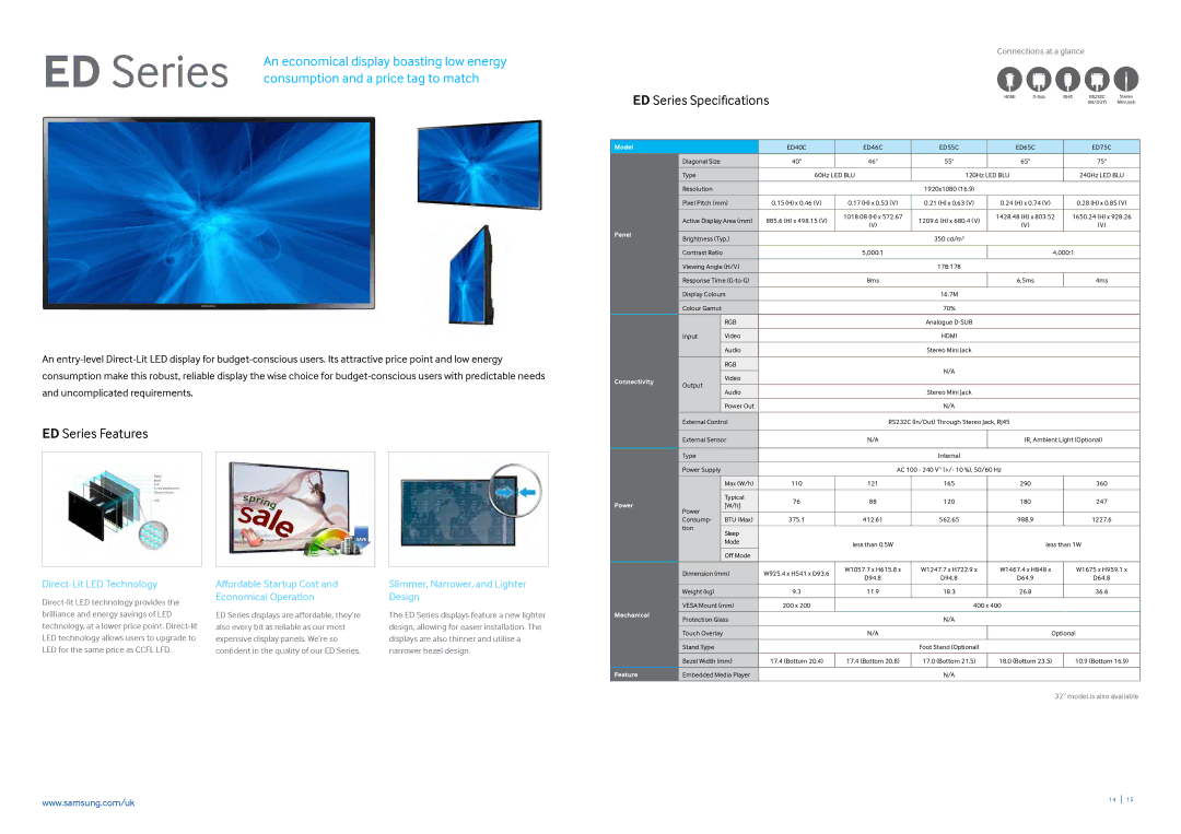 Samsung CYTM55LCC, CYTM32LCA brochure ED Series Features, ED Series Specifications, ED40C ED46C ED55C ED65C ED75C 