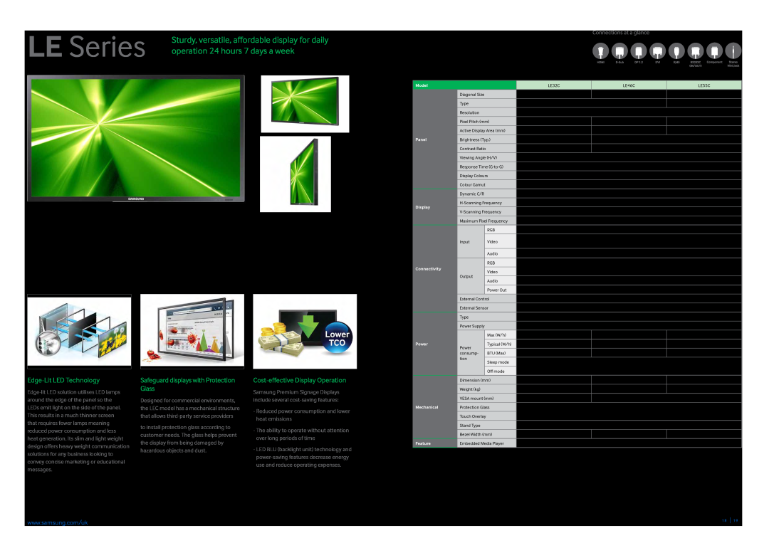 Samsung CYTM55LCC, CYTM32LCA brochure operation 24 hours 7 days a week, LE Series Features, LE Series Specifications 