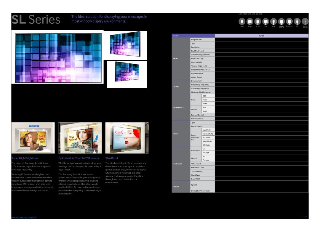 Samsung CYTM32LCA brochure most window display environments, SL Series Features, SL Series Specifications, Slim Bezel 