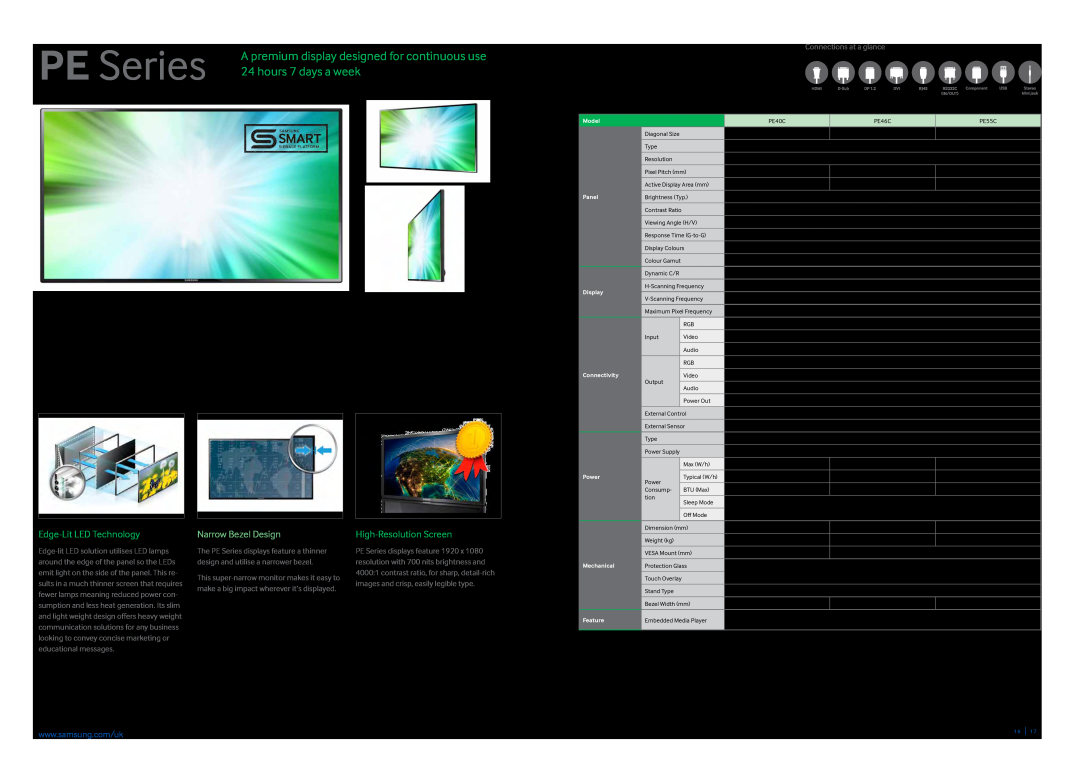 Samsung CYTM32LCA brochure hours 7 days a week, PE Series Features, PE Series Specifications, Edge-Lit LED Technology 