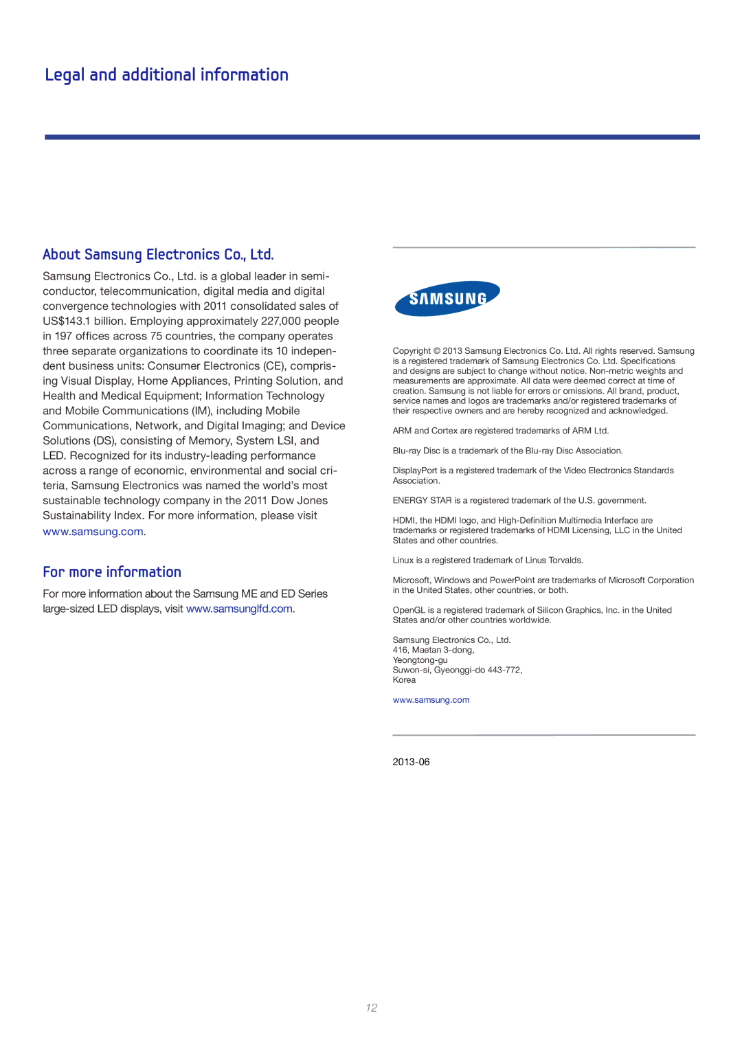 Samsung CYTM75 brochure Legal and additional information, For more information 