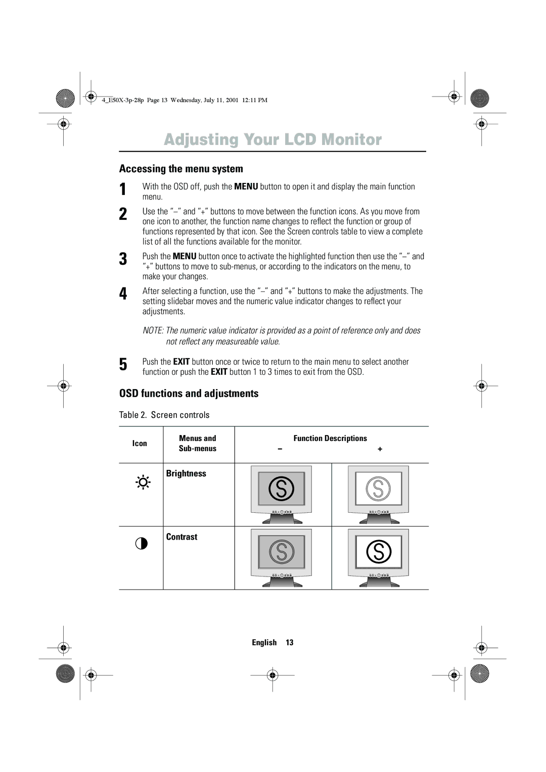 Samsung CZ15VTSN/XEG manual Accessing the menu system, OSD functions and adjustments, Brightness Contrast 