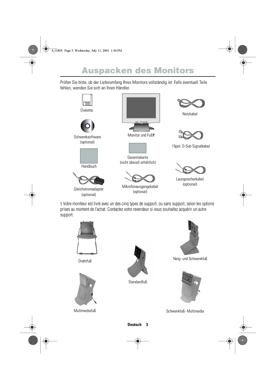 Samsung CZ15VTSN/XEG manual Auspacken des Monitors 