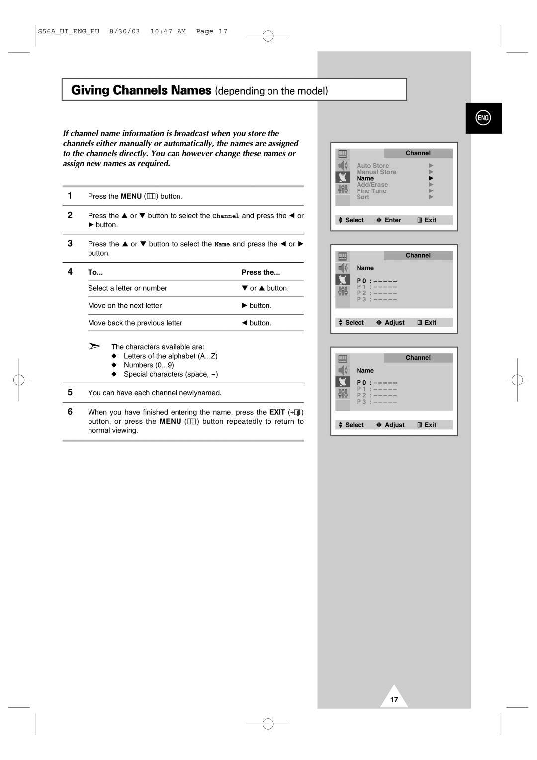 Samsung CZ21A113N5 manual Giving Channels Names depending on the model 