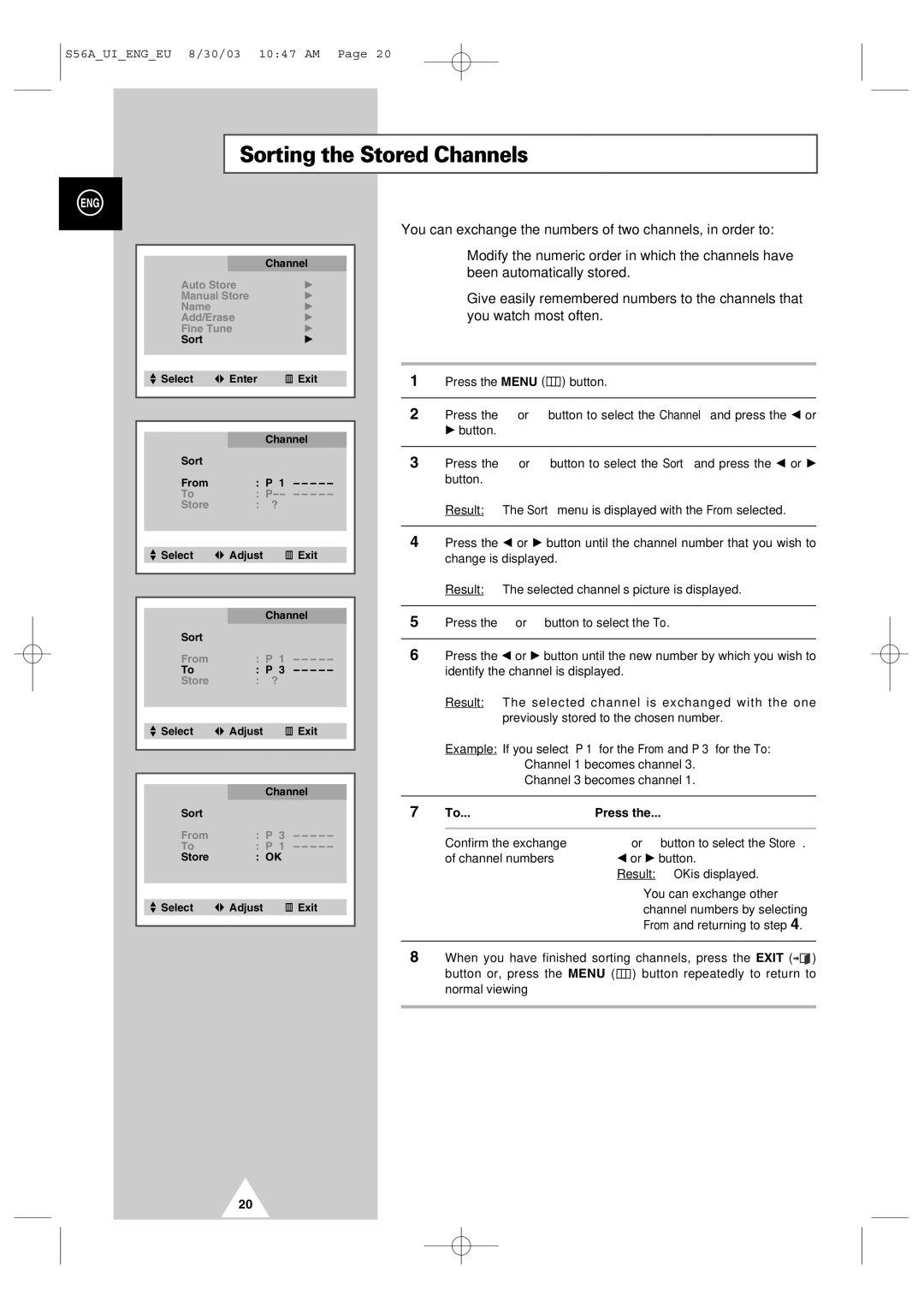 Samsung CZ21A113N5 manual Sorting the Stored Channels 