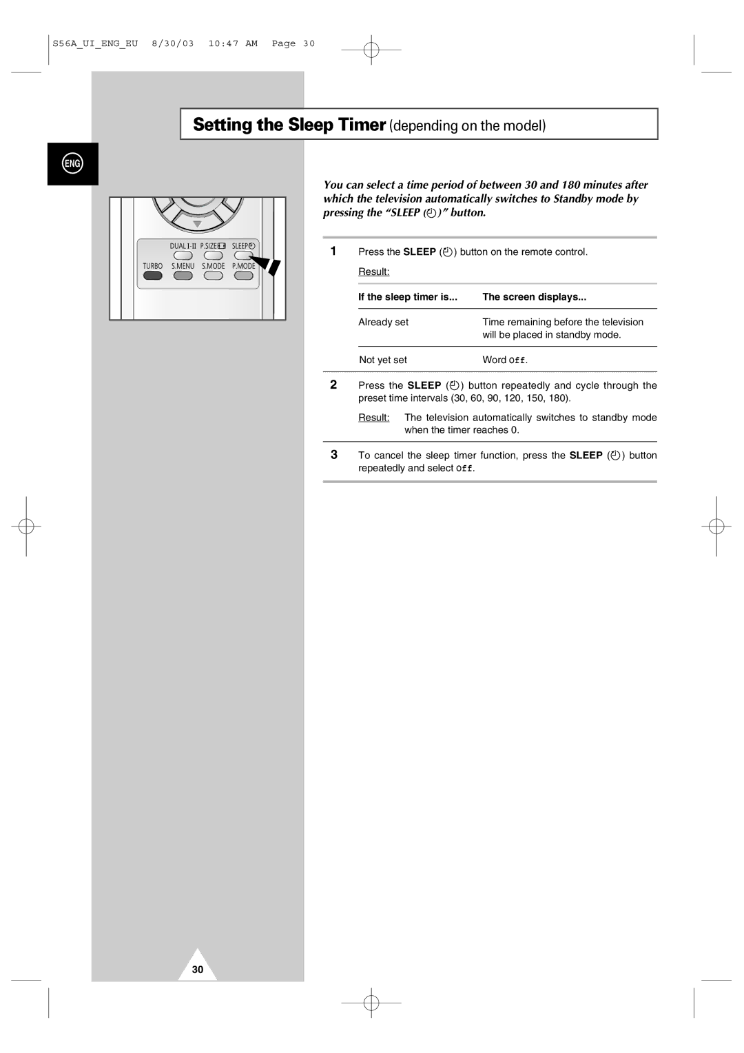 Samsung CZ21A113N5 manual Setting the Sleep Timer depending on the model, If the sleep timer is Screen displays 