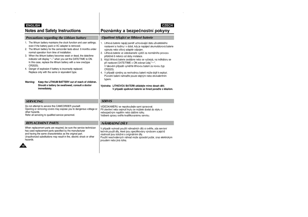 Samsung CZECH manual Precautions regarding the Lithium battery, Opatﬁení t˘kající se lithiové baterie 